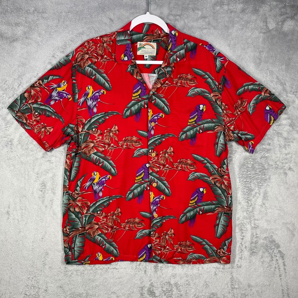 Vintage Paradise Found Magnum PI ALOHA HAWAIIAN Shirt RED GREEN Mens Size M